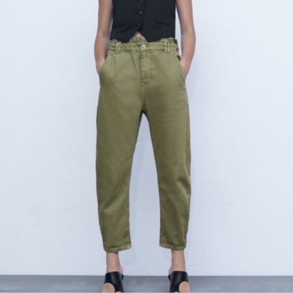 Zara Denim - ZARA Khaki Green Paper Bag Waist Jean Pants Size 4